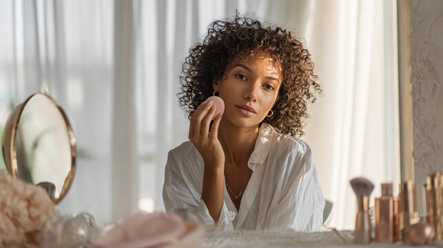 young woman applying foundation with a makeup sponge in front of a vanity mirror, soft daylight from window, organized cosmetic products on the table, clear step-by-step tutorial vibe,
