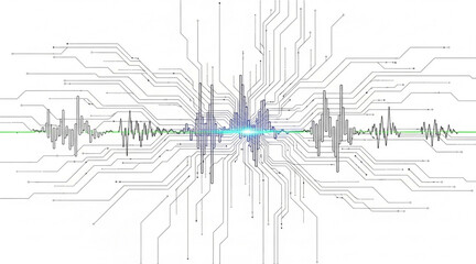 Abstract futuristic visualization of sound waves and digital circuitry concept representing data processing technology and ai connection