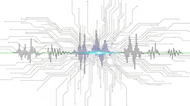 Abstract futuristic visualization of sound waves and digital circuitry concept representing data processing technology and ai connection - Powered by Adobe