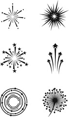 Obraz premium Collection of six stylized black and white fireworks illustrations for celebrations