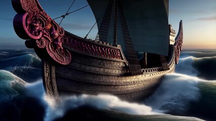 Majestic Viking Ship Sailing Through Turbulent Ocean Waves Under Dramatic Sky, Capturing the Spirit of Adventure and Exploration of Ancient Seafarers