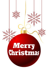 Merry christmas wishes with hanging red ball and snowflakes