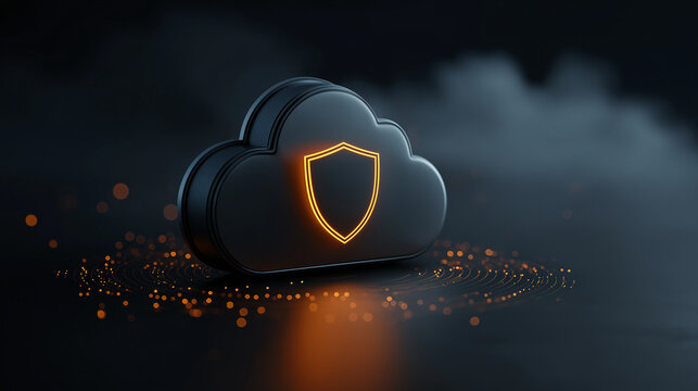 Cloud security concept with glowing shield icon dark background digital protection data safety cyber defense secure storage technology futuristic abstract glowing effect 3D illustration