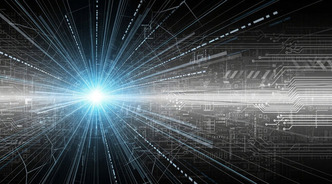 High speed abstract visualization showing fast movement of digital data stream lines from central light source on technological circuit board pattern background