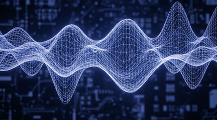 Three dimensional visualization of dynamic data wave forms moving across dark technological surface representing frequency and signal output
