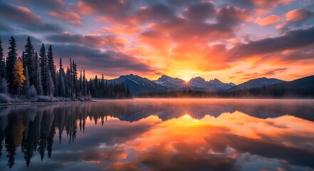 Stunning sunset over lake and mountains dramatic sky reflecting in water