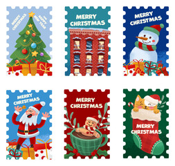 Set of vintage Christmas greeting cards with Santa Claus, gingerbread tree, snowman and gifts.