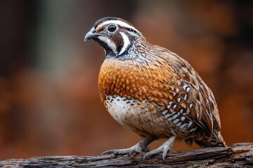 Bobwhite Quail Resting on a Log in a Lush Natural Setting