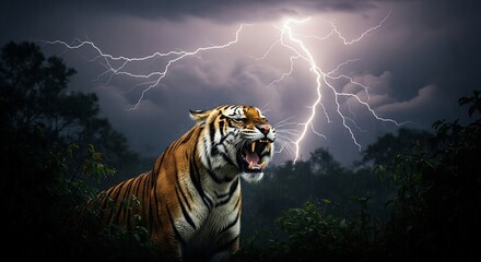 A beautiful striped predator tiger with glowing eyes stalks in the night, basking in the sun, and leaping in the sky as a majestic wildlife feline