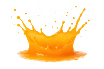 Orange liquid splash creating a crown shape with droplets flying, concept of freshness and pouring juice on transparent background