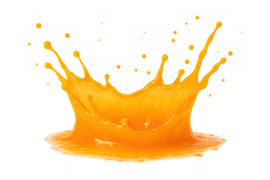Orange liquid splash creating a crown shape with droplets flying, concept of freshness and pouring juice on transparent background