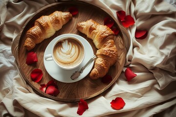 This enchanting image features freshly baked croissants and a cup of coffee served on a wooden tray, complemented by delicate rose petals, creating a romantic breakfast setting.