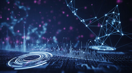 Abstract technology background with binary code and network connectivity representing big data analysis and financial graphs visualization