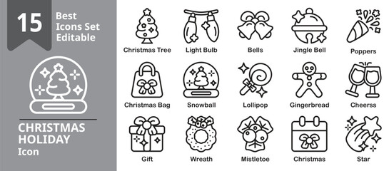 Christmas Holiday outline icon set. Containing trees, gifts, ornaments, wreaths, bells, and more. Editable stroke. Vector illustration