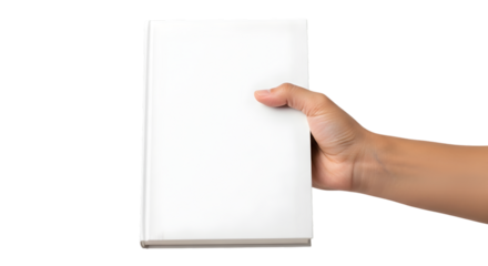 Hand holding a blank white book on transparent background