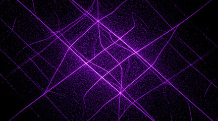 Dark abstract background with glowing purple beams forming chaotic grid structure of intersecting light threads and sparkling particles
