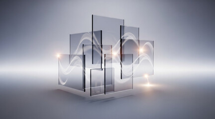 Abstract composition of transparent overlapping clear glass panels reflecting light and showcasing smooth energy waves passing through