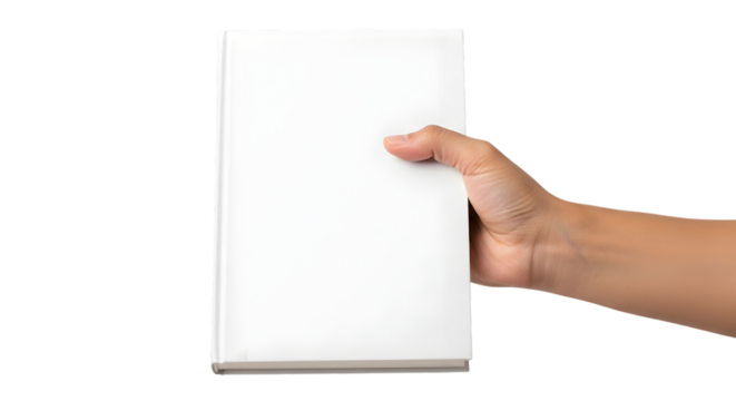 Hand holding a blank white book on transparent background