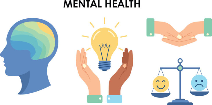 Mental health support illustration showing brain, balance emotions, caring hands, and creative idea for wellbeing awareness