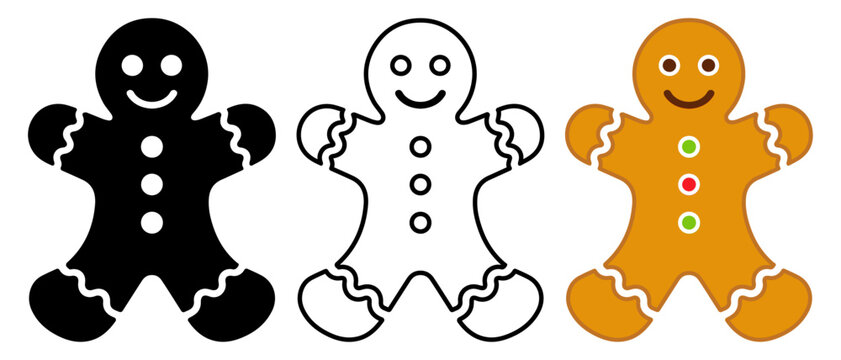 Gingerbread man. Christmas icon set in silhouette, linear and colored versions
