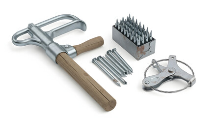 An assortment of various metal tools and hardware, ideal for construction or repair work. This image showcases a collection of metallic implements