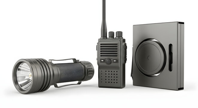 A collection of essential communication and lighting tools displayed