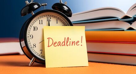 Alarm clock and sticky note with deadline text near books.
