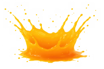 Orange juice splashing creating a crown shape, fresh liquid drops flying out, refreshing citrus drink
