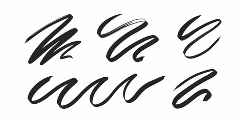 Collection of six abstract black brush stroke elements on a white background