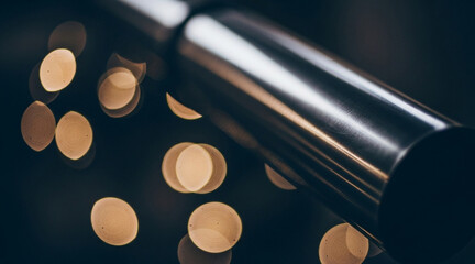 Abstract close up view of a polished metal cylinder structure against a darkly lit background with warm glowing bokeh spheres