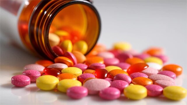 Pills of Colorful Medicine: A close-up shot of an open medicine bottle spills out a vibrant assortment of pills, symbolizing healthcare and wellness. 