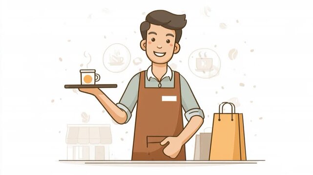 Smiling barista apron serving coffee cup tray friendly service cafe worker minimalist illustration flat design warm tone takeaway bag hospitality vibe clean background cartoon design inviting
