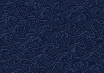 Fototapeta premium Seamless ocean wave pattern. Stylized dark blue wavy background. Nautical texture for textile, wallpaper, wrapping paper, or digital design.