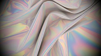 Iridescent holographic fabric background showing flowing wrinkles and folds with vibrant pastel colors reflecting off the material surface