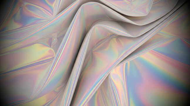 Iridescent holographic fabric background showing flowing wrinkles and folds with vibrant pastel colors reflecting off the material surface