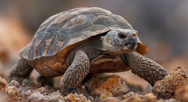 Endangered Gopherus Agassizii: An Old Desert Tortoise in Its Natural Mojave Habitat Near Baker, California