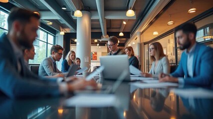 Modern office business meeting with team collaboration corporate workspace around conference table laptop and documents support diverse colleagues brainstorming strategy, wearing professional attire - Powered by Adobe