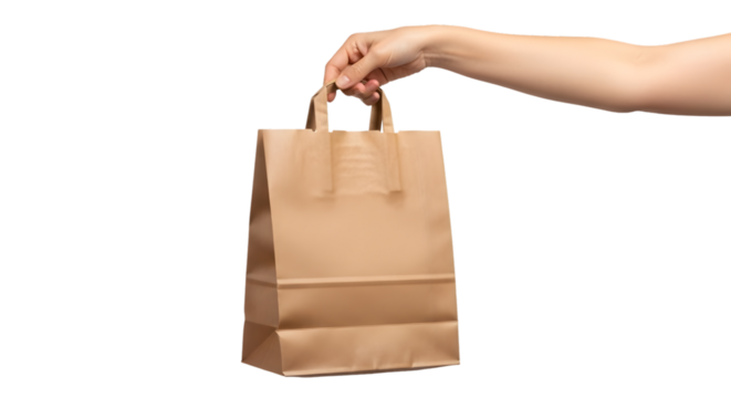 Hand holding a brown paper shopping bag with handles