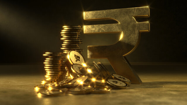 A golden Indian rupee sign and coins.