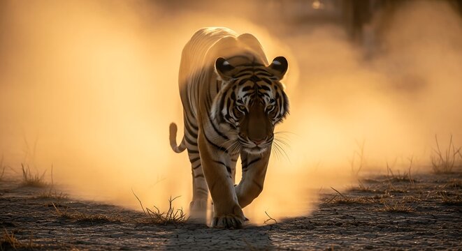 Big striped Bengal tiger predator in the misty woods in the morning