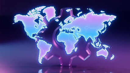 Neon world map global network digital transformation futuristic technology glowing gear cyber landscape innovation data flow connectivity purple background pulses with energy and progress glass gear - Powered by Adobe
