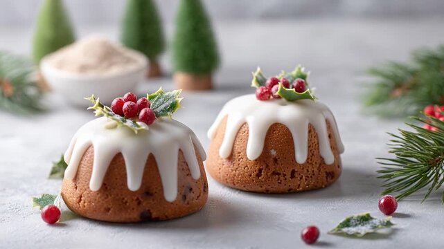 Mini Christmas cake with white icing and glaze, holly leaf and red berry, festive holiday winter dessert and mini fruitcake treat, rustic baking filled with dried fruit and nuts, cozy joy and warmth