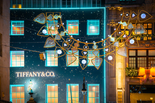 Mayfair Festive Lights, Tiffany & Co Retail Store Logo, Storefront, Burlington Gardens Street Christmas Decorations, Bond Street, Central London, England, UK - November 2025