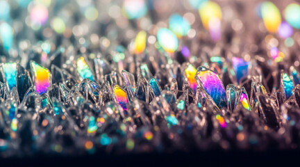 Close up view of abstract textured surface covered in tiny iridescent crystals reflecting vibrant rainbow colors