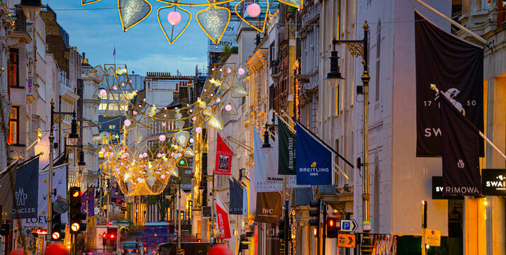 Breitling Shop, Swaine Logo, Shopfront Luxury Brand Name Sign, Christmas Decorations, New Bond Street, Mayfair, Central London, England, United Kingdom &mdash; 13 November 2025