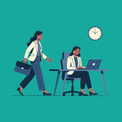 Businesswomen Working in Office with Laptop and Briefcase Illustration
