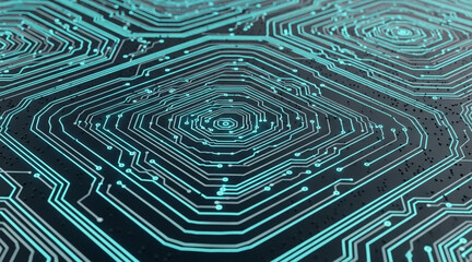 Abstract visualization showing complex digital data flow over sleek dark electronic circuit board structure with glowing cyan lines.