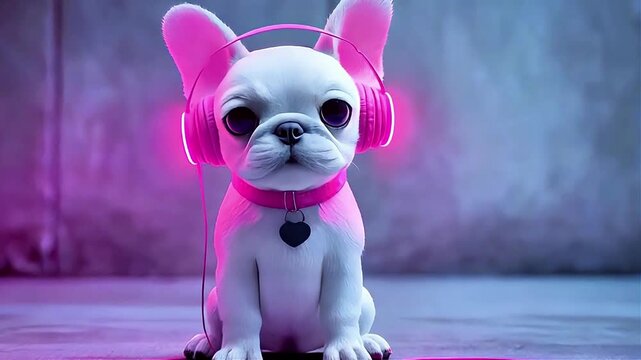 Neon Beats: French Bulldog Puppy with Pink Headphones in Vibrant Light