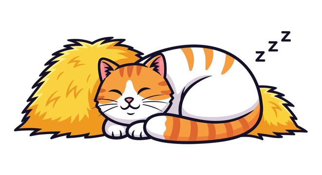 Cute Cartoon Cat Sleeping Comfortably on a Bed of Hay