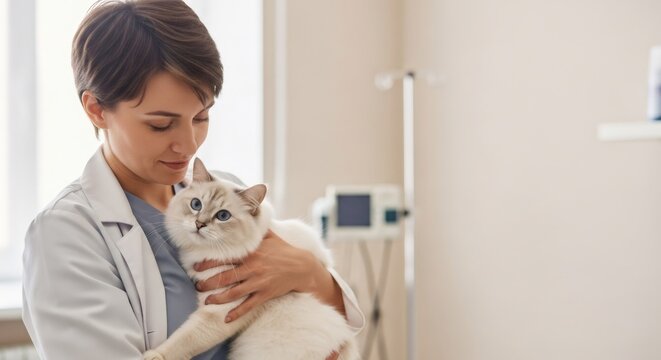 Woman veterinarian holding an adorable white cat with blue eyes at a clinic. Pet care and animal health concept for veterinary services.